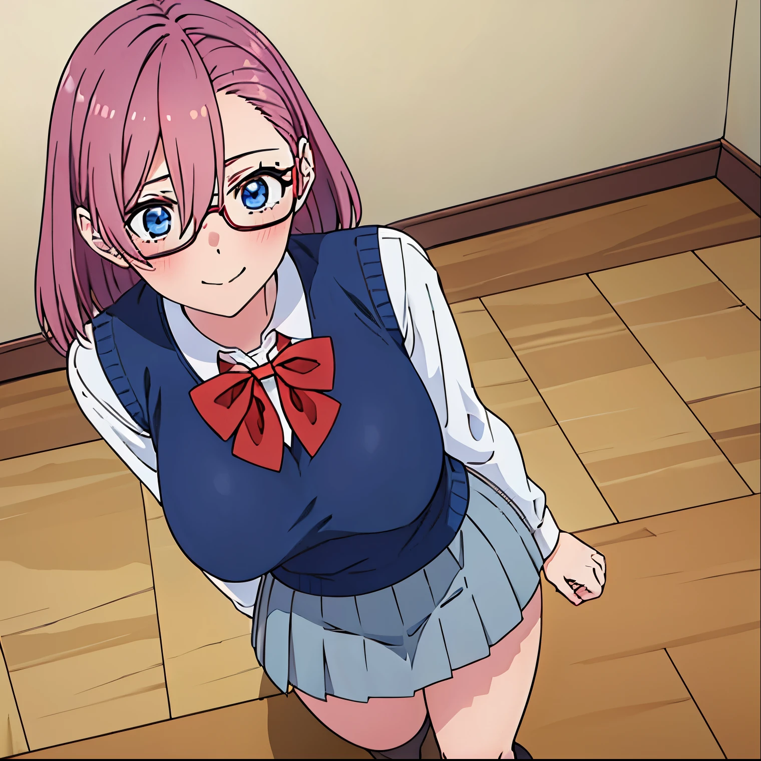 ((1girl)),((alone)), Ririsa Amano, (masterpiece), (best quality), (ultra detailed), (best illustration), (best shadow), (absurdities), sharp focus, cowboy shot , dynamic posture looking at the viewer, large breasts, narrow waist, wide hips, wide thighs, round butt, erotic, romantic, (very detailed eyes, lips 1.1), very detailed eyes, eyes, Very detailed face, Very pretty face, height full, beautiful slender figure, femininity, expressive appearance, elastic big breasts, sexuality, glasses, blushing, pink hair, hair between the eyes, glasses with red frames, medium hair, asymmetrical bangs, blue eyes, white shirt, red bow, shirt collared, long sleeves, blue vest, , sweater vest, red bow tie, knee high stockings, miniskirt, gray skirt, bare thighs, white socks, defined body, perfect and beautiful body, perfect and beautiful, closed mouth, smile, happy smile, blushing, (sexy pose: 1.2), ((solo)), standing: 1.3, indoor, cosplay convention, tables, chairs, looking forward, ((focus on breasts)), point of view :(from above), perfect anatomy, perfect hands