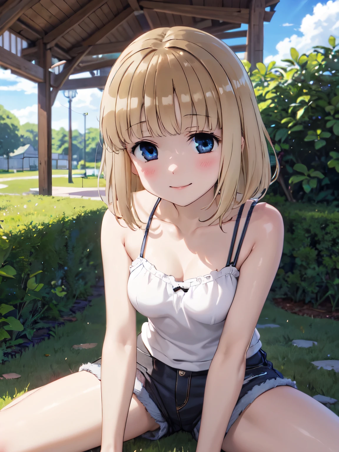 One girl, alone, Brown Hair, short hair, Very detailed, (Anime illustration style:1.4)、High resolution,garden、1 girl, smile, camisole、Shorts、blush、Bright eyes looking at the viewer, whole body, smile、Closed Mouth、Cowboy Shot、High resolution、超High resolution, Perfect lighting, Extremely detailed CG、Physically Based Rendering、Spread your legs,Shorts