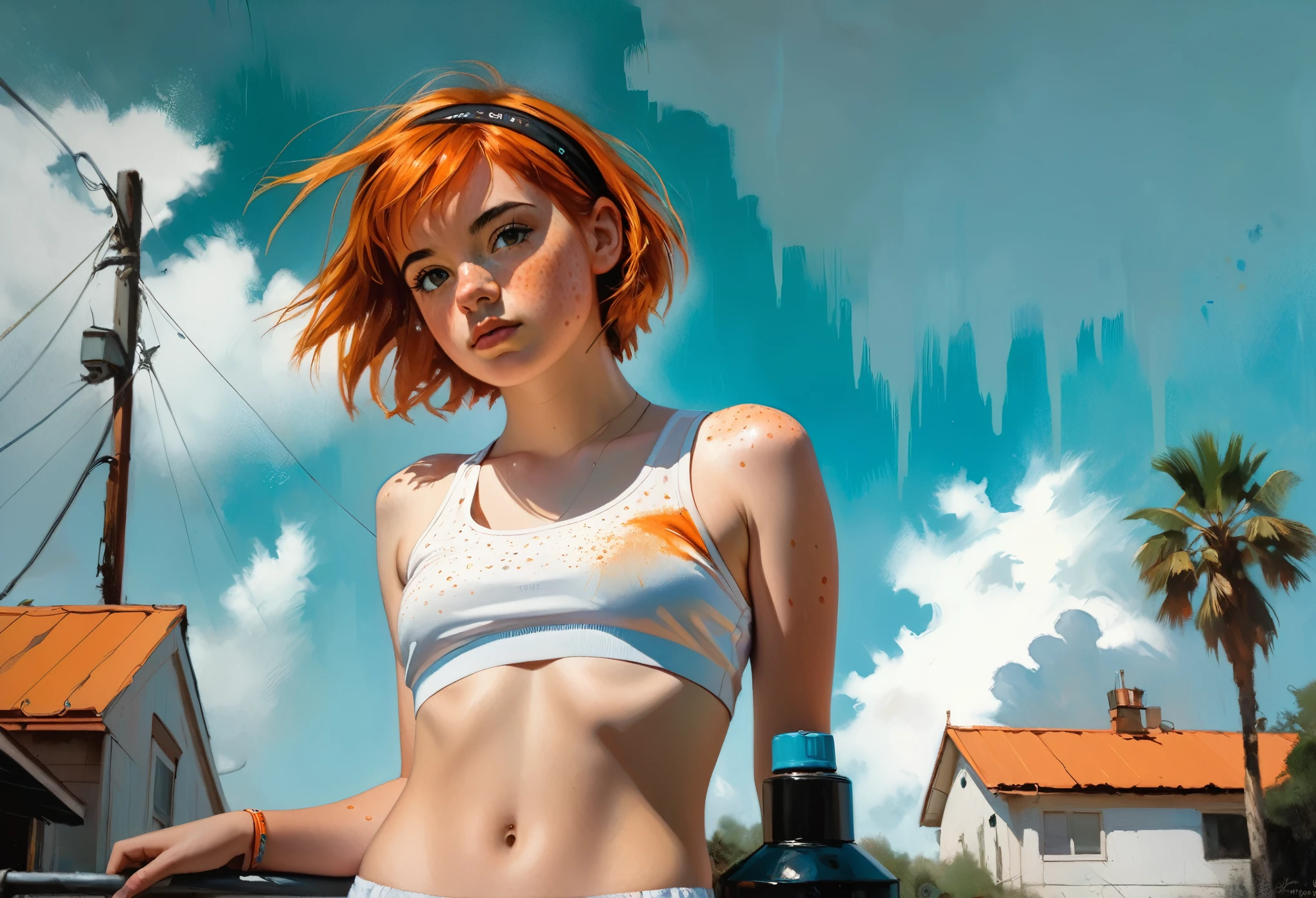 (Low angle shot)young girl Isabelmoner-smf Dora), (((Low angle shot))) (a glance at the low camera). (Hyperrealistic), Very short orange hair, Freckles, Cute white Tank top, Mini Shorts, Sports, Sweaty, Medium Breasts, Aesthetics, ((oil painting)), (headband:0.75),(turquoise:0.2),(orange:0.2), (Jeremy Mann:0.5), (John Constable:0.1),(El Greco:0.5),(rough strokes of acrylic paint:0.75), 8K