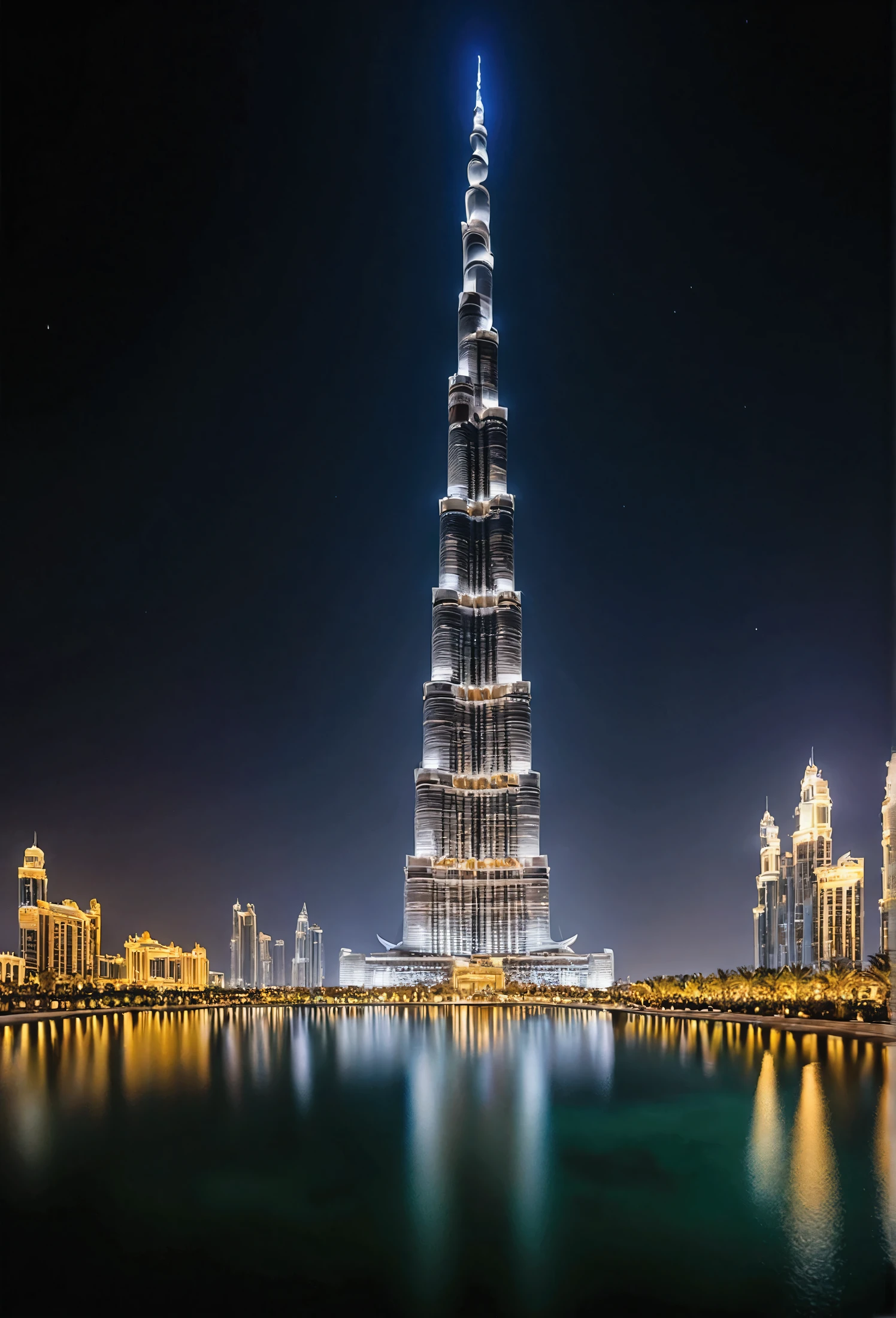 Help me with a picture of the Burj Khalifa seen from below with a lake at night showing its grandeur. Do it in the best possible quality, a masterpiece, the best photo you can take