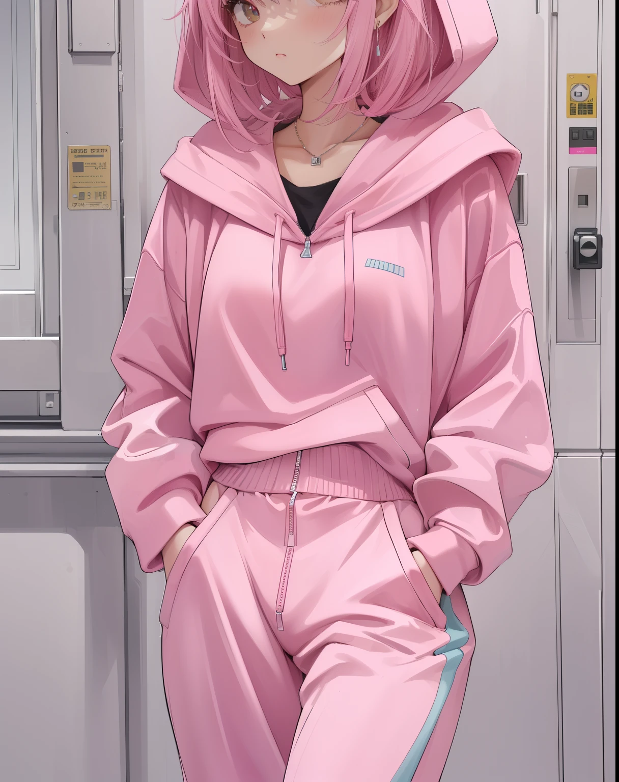 tight outfit, y2k style, y 2 k style, some pink, pink, wearing a pink hoodie, pink body, wearing a pastel pink hoodie, y 2 k fashion, sexy outfit, wearing a tracksuit, very sexy outfit