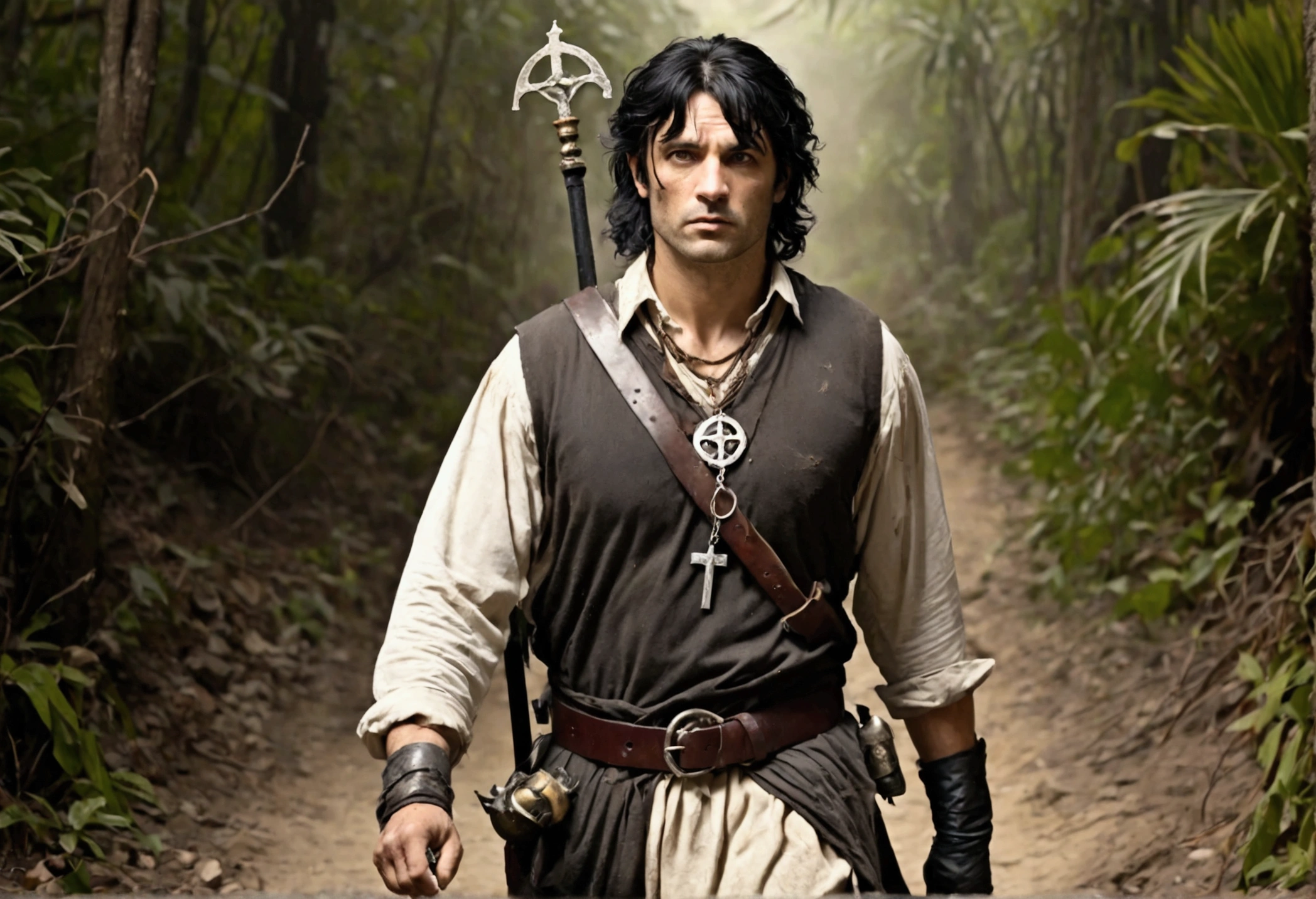 A 40ish man, (bedraggled, black hair, brown eyes, dirty and dingy, european features, dirty worn clothing, tabard with christian markings, assorted holy symbol necklaces dagger and mace on belt) walking a trail