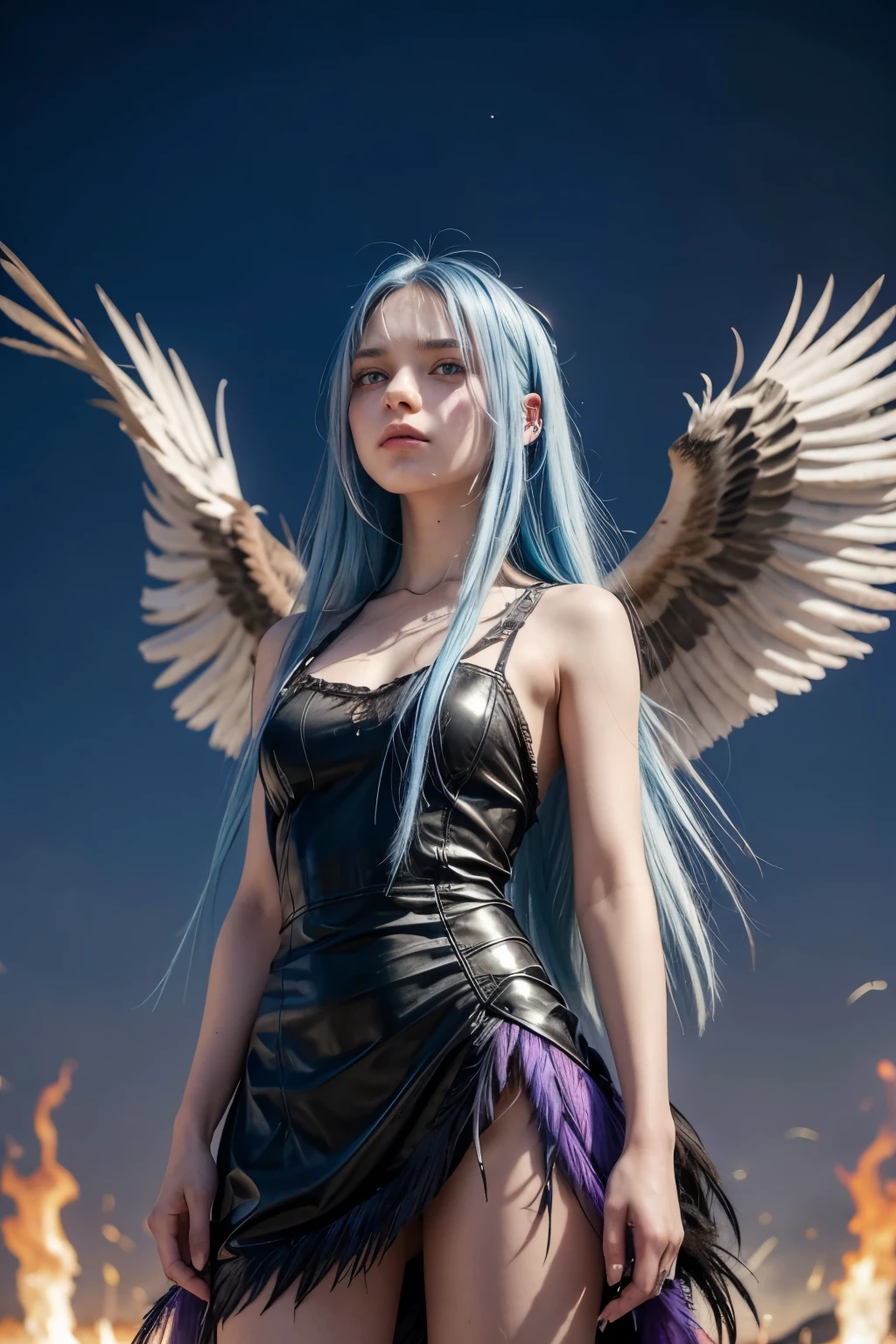 A girl with long, straight light blue hair, She has violet-purple eyes and a serious face.. Do it in front of a giant eagle with feathers made of fire. With her hair in the wind and wearing a torn black dress