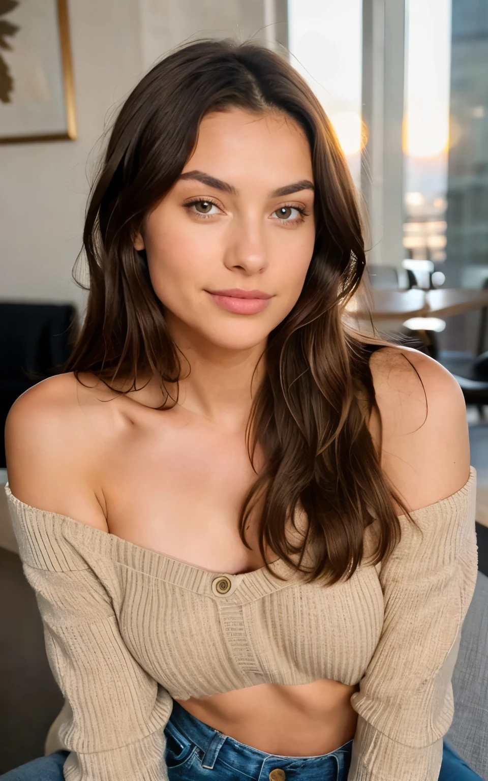 Beautiful brunette wearing a beige sweater (in a modern cafe at sunset), very detaillede, 21 years old, inoccent face, natural wavy hair, greeneyes, high resolution, Masterpiece artwork, better quality, details Intricate, very detailled, sharp focus, skin detailed, texture de peau realisitic, texture, detailedeyes, proffesional, 4K, charming smile, filmed in Canon, 85mm, Shallow depth of field, Kodak Vision Colors, perfectly fitted body, extremely detaild, fotr_\(ultra\), photorealisitic, realisitic, after treatment, Maximum details, roughness, real-life, ultra realisitic, fotorrealism, fot, 8k, ah, fot, bare one shoulder, very small neckline, witheout panties, sexly, Flirts with the camera, regarde sexly, look directly into the camera, open face, do not wear underwear, nipple visible under t-shirt,