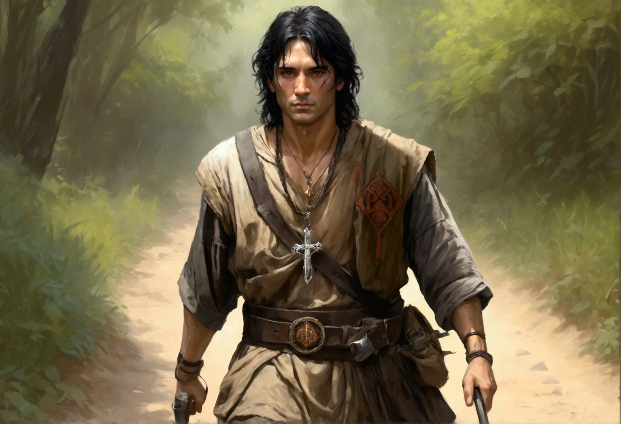 A 40ish man, (bedraggled, black hair, brown eyes, dirty and dingy, european features, dirty worn clothing, tabard with christian markings, assorted holy symbol necklaces dagger and mace on belt) walking a trail