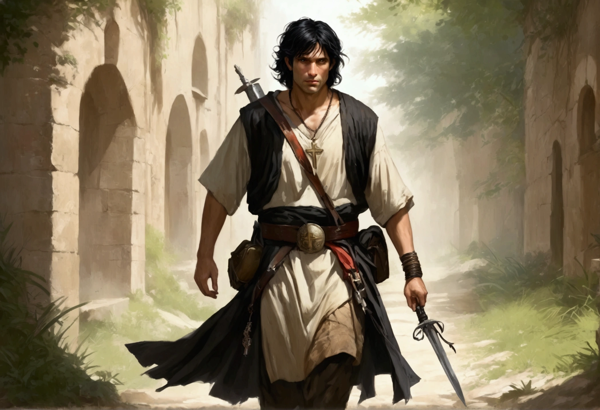 A 40ish man, (bedraggled, black hair, brown eyes, dirty and dingy, european features, dirty worn clothing, tabard with christian markings, assorted holy symbol necklaces dagger and mace on belt) walking a trail
