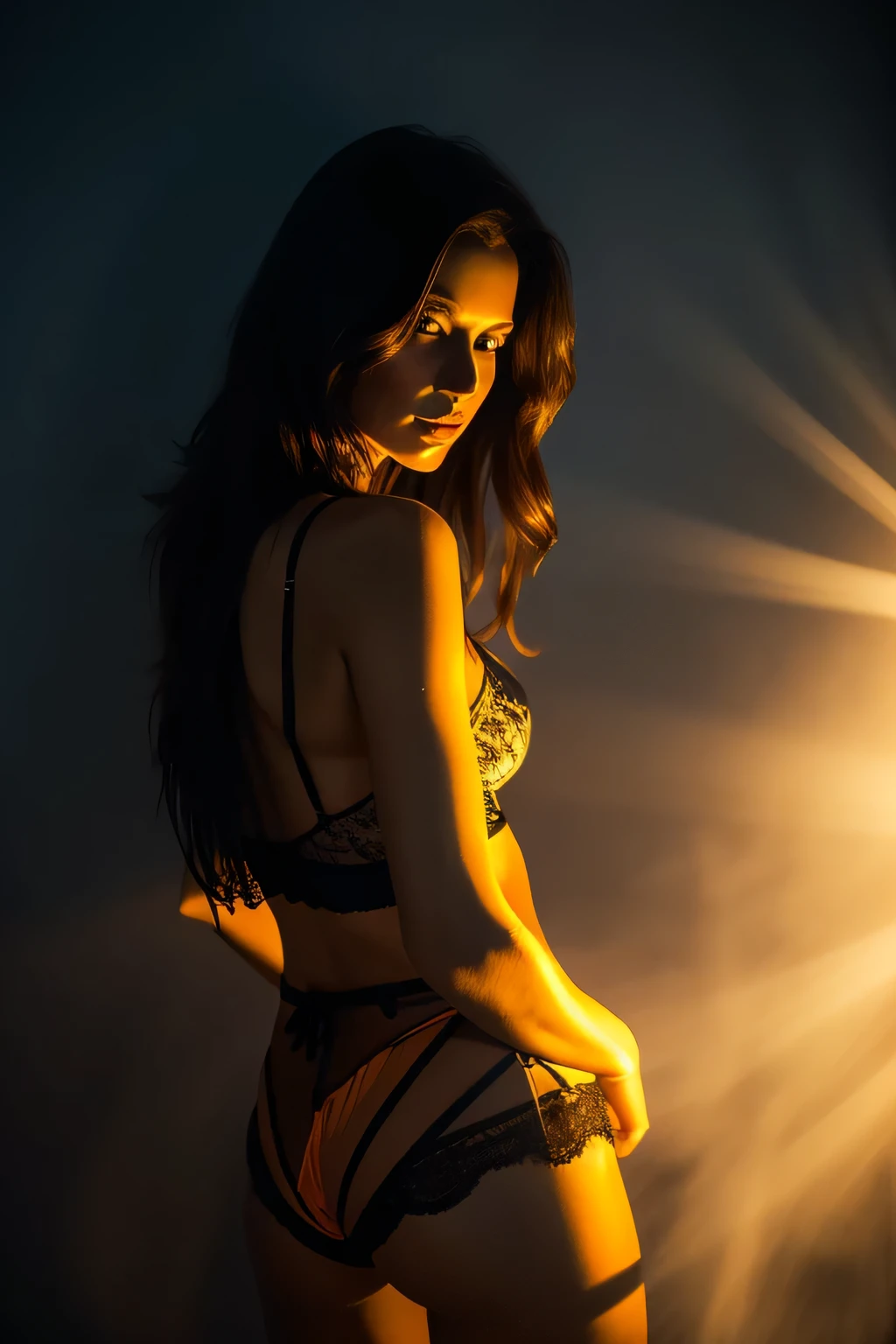 (best quality)), ((masterpiece)), (detailed) above, (best quality, photography: 1.37), black and white, sexy woman, long hair, orange lingerie, shiny fabric, night light, mysterious fog