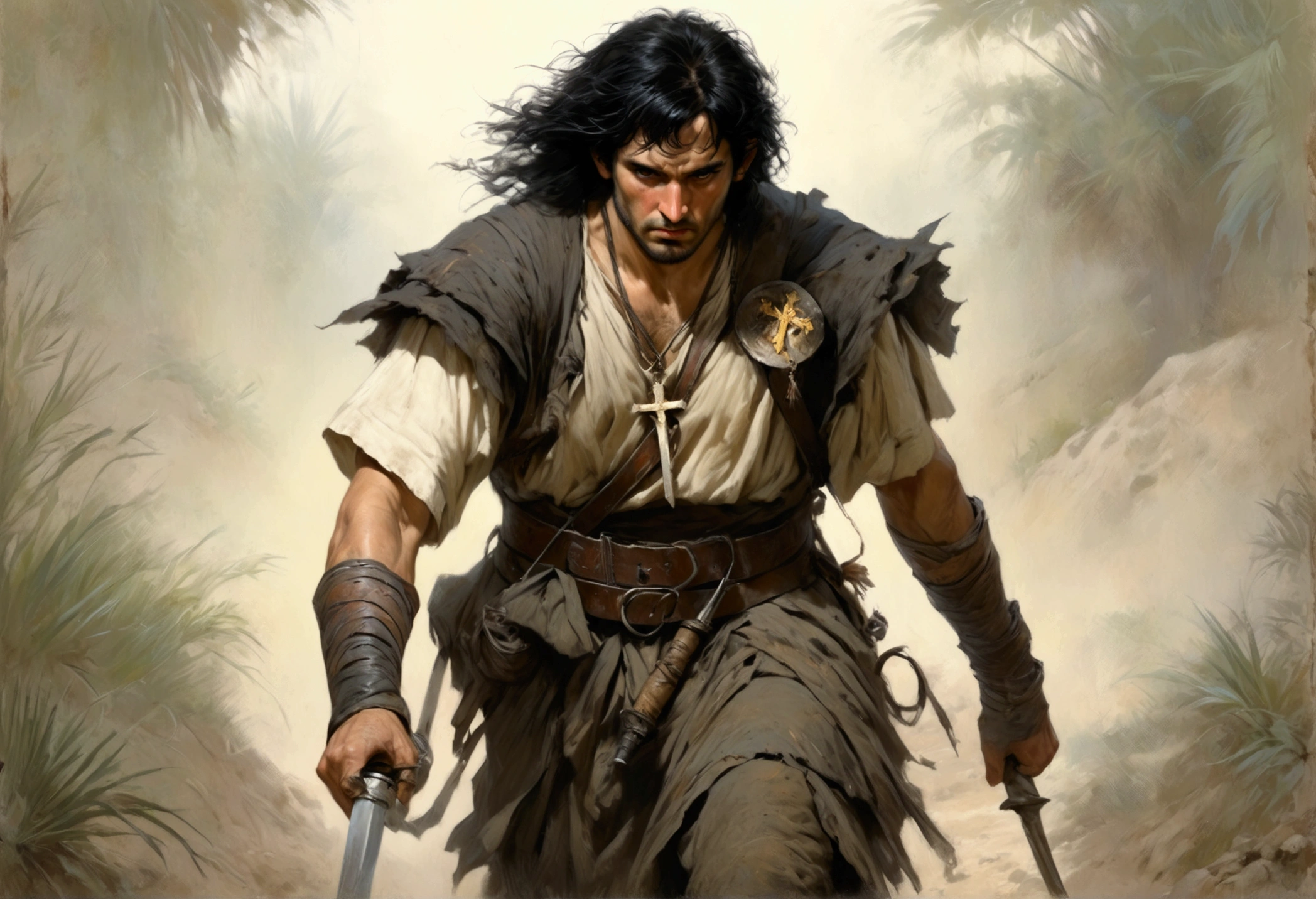 A 40ish man, (bedraggled, black hair, brown eyes, dirty and dingy, european features, dirty worn clothing, tabard with christian markings, assorted holy symbol necklaces dagger and mace on belt) walking a trail
