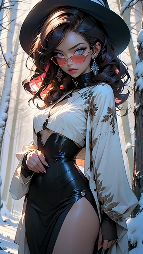 seductivea,1women,women,((women hermosa, women de 25 años)),
(medium breasts:1.5),firm breasts,(heavy chest:1.1), curves:1.4,(((Vintage Hairstyles), Wavy curls, Pin curls, multicolored hair, (Black and brown hair shades.), (shiny hair:1.2), hits)),((blue_eyes:1.3))),Intricate eyes,beautiful detailed eyes,symmetrical eyes,medium eyes:1.3,((((shiny skin:1.5,shiny skin: 1.5,tanned skin,shiny skin,very shiny skin,shiny body,illuminated skin)))),(spider lower abdomen,narrow waist,medium hip,long legs,Delicate and detailed fingers),(((detailed face))),(awesome face:1.3)
Beautiful,horny,sensual,seductive look,seductive,((Erotic)),opulent,sumptuous,con nostalgia,((NSFW)),
(gorgeous witch robe), (Intricate bruja robe), (Shades of pink and brown bruja robe), (embroidered witch robe) embroidered witch hat, detailed witch robe, Glasses:1.2, (thick:1.3), earrings, collar, jewelry,
(dynamic pose:1.0),ashamed,(centered,Scale to fit dimensions,rule of thirds),
((snowy pine forest at night, Dark forest, swamp, cloudy water, Foggy, creepy aura, disturbing atmosphere)),with dark storm clouds,winter,scenery:1.25,Intricate scenery,((Snowy forest background)),
(Glossy winter ornaments),High resolution,sharp focus,(ultra detailed,extremely detailed),(photorealistic artwork:1.37),(extremely detailed CG unity 8k wallpaper),(((vibrant colors,vibrant theme))),(Intricate),(masterpiece),(Best Quality),artistic photography,(photograph taken by sldr),(Intricate background),perfect rendered face,perfect face details,realistic face,realistic photo,((Intricate detail)),(((Realism))),