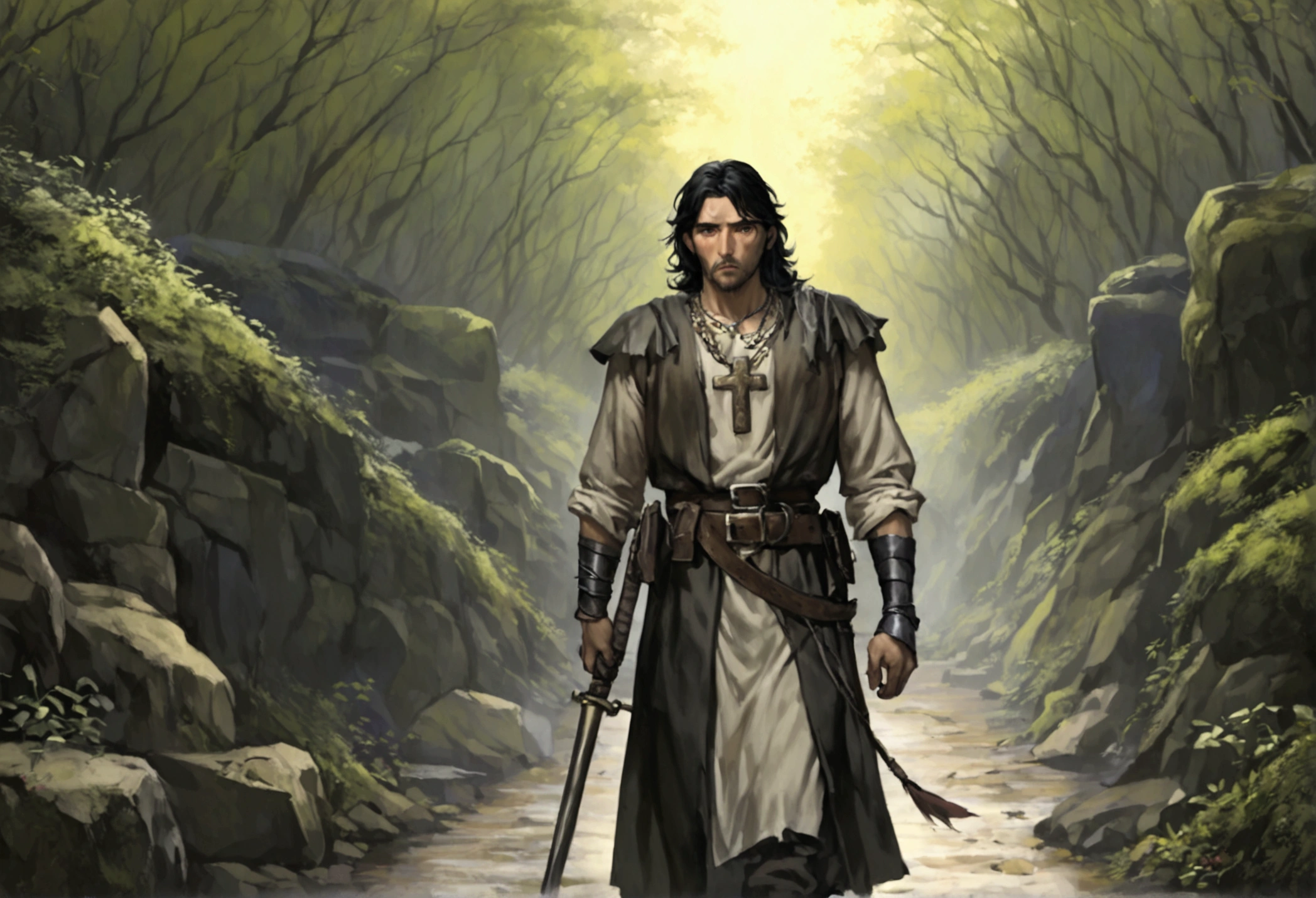 A 40ish man, (bedraggled, black hair, brown eyes, dirty and dingy, european features, dirty worn clothing, tabard with christian markings, assorted holy symbol necklaces dagger and mace on belt) walking a trail