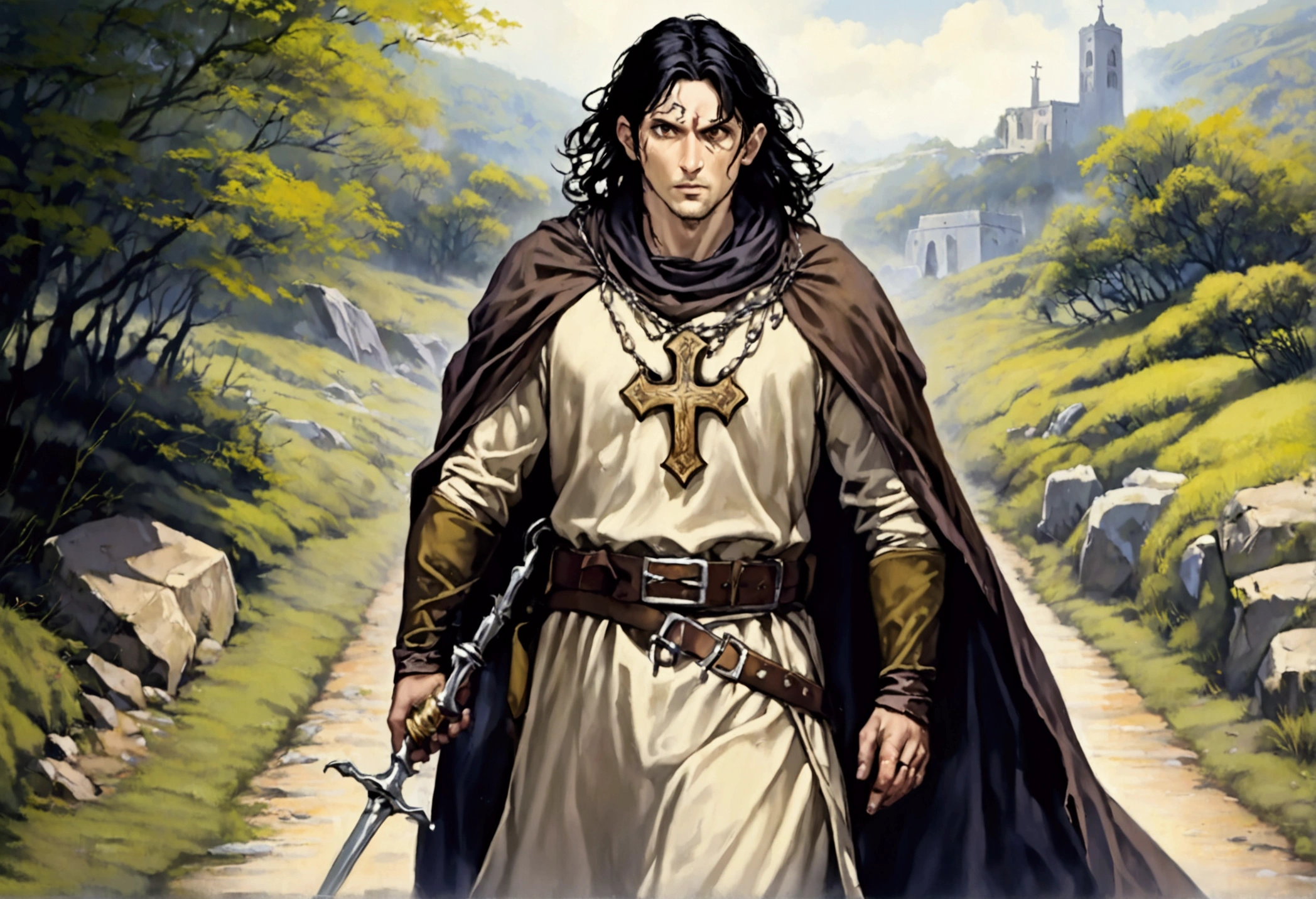A 40ish man, (bedraggled, black hair, brown eyes, dirty and dingy, european features, dirty worn clothing, tabard with christian markings, assorted holy symbol necklaces dagger and mace on belt) walking a trail