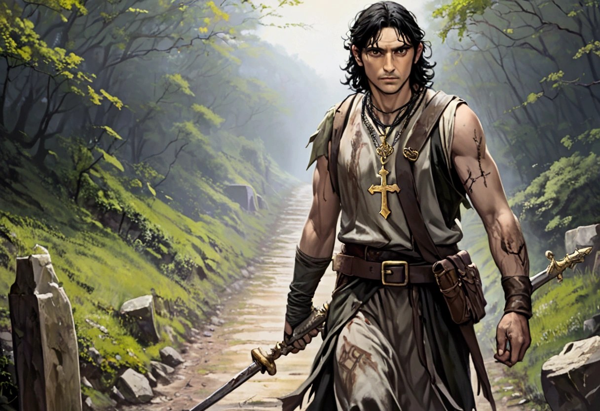 A 40ish man, (bedraggled, black hair, brown eyes, dirty and dingy, european features, dirty worn clothing, tabard with christian markings, assorted holy symbol necklaces dagger and mace on belt) walking a trail