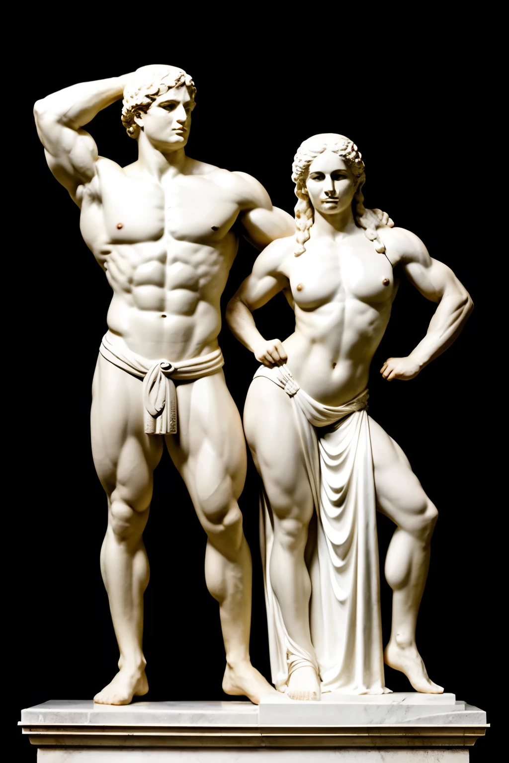 Generate an image of a male bodybuilder and a female bodybuilder, both with muscular and defined physiques, represented as classical Greek statues. The statues should be made of white marble and maintain the classical Greek style, with realistic details that highlight the musculature and ideal body proportions. Both statues should be in classic Greek statue poses, with a black background that enhances the details of the statues