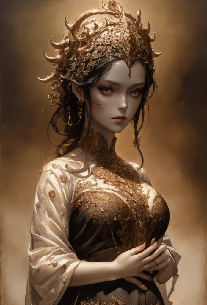 Pregnant queen with black hair, dragon in background, clear clothing, beautiful, Porcelain Skin, (best quality,4k,8k,highres,masterpiece:1.2),ultra-detailed,(realistic,photorealistic,photo-realistic:1.37),(work of art),(ultra HD),dramatic lighting,fantasy,epic,cinematic,dramatic,elegant,intricate details,ornate,regal,powerful,mystical,fantasy art