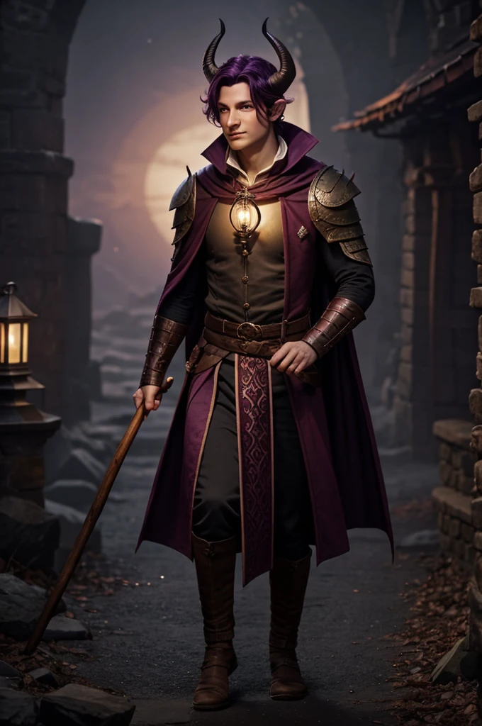 DnD Tiefling Mann. Wine-red skin, dark purple hair. no beard, Babyface. 26 years old Horns grow backwards in a circle, form half rings. Old travel clothes. In one hand a walking stick with decorations. Other hand a lantern. Surrounded by total darkness