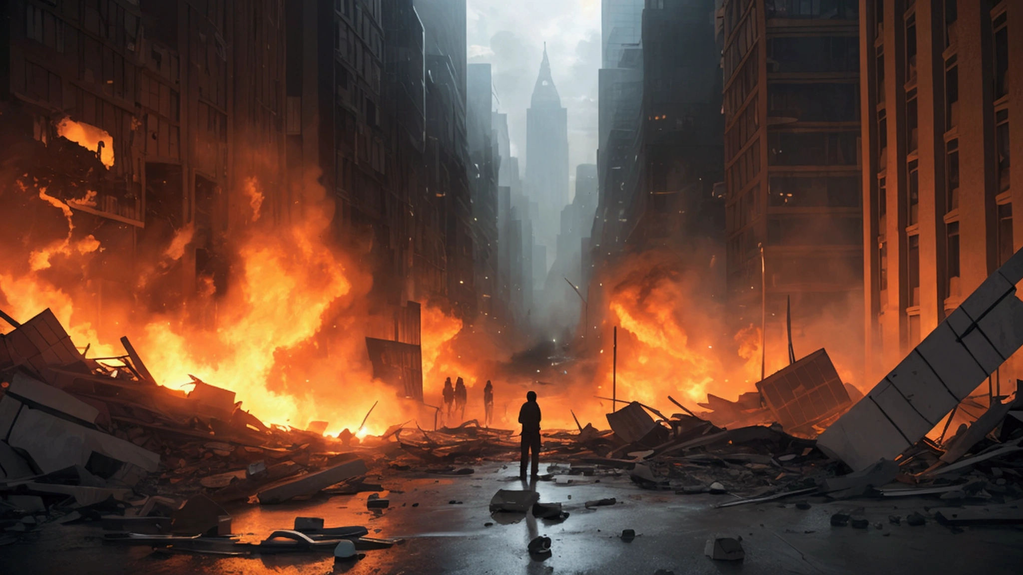 "Description: Create a scene that depicts how biblical warnings resonate with the issues of the modern world. Show images of contemporary events like earthquakes, wars, and societal changes overlaid with verses from the Bible that seemingly predict such occurrences.
Details: Use contrasting dark and bright colors to emphasize the severity of the events and the hope or warning conveyed by the scriptures. Include elements such as modern cityscapes experiencing natural disasters, battlefields, and moral protests, with overlaying text of biblical warnings. Show expressions of realization, fear, and contemplation on the faces of people witnessing these events, highlighting the perceived connection between ancient prophecies and current happenings."