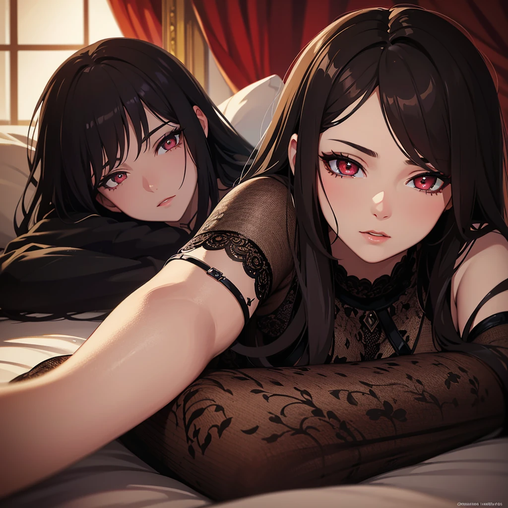a photorealistic portrait of a 30 year old woman with dark hair and crimson eyes, lying on a bed, very detailed face, glowing skin, elegant pose, soft lighting, cinematic atmosphere, intricate details, hyperrealistic, dramatic lighting, rich colors, oil painting style