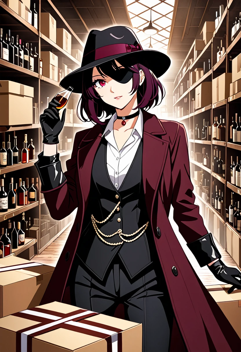 anime style, highest quality, woman, 40 years, long dark burgundy hair, black blindfold on one eye, brown coat, black vest, black pants, White shirt, choker with ruby, black fedora hat, leather gloves, is in stock, in the back there are boxes with alcohol and weapons, 1929 year, no alcohol law