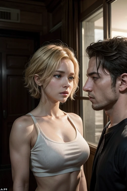 A highly realistic cinematic scene with two characters, a woman and a man, both in a moment of apparent conflict or separation. The woman is in the foreground, facing forward, looking slightly at the man who is facing away. The woman is sexy. She has long, loose blonde hair and is wearing a low-cut crop top. The man is in the background, facing away from the camera and the woman. He has short hair, is well-groomed, has a muscular physique and is well-dressed. The scene should convey a feeling of separation between the two, where the man is leaving the woman.
