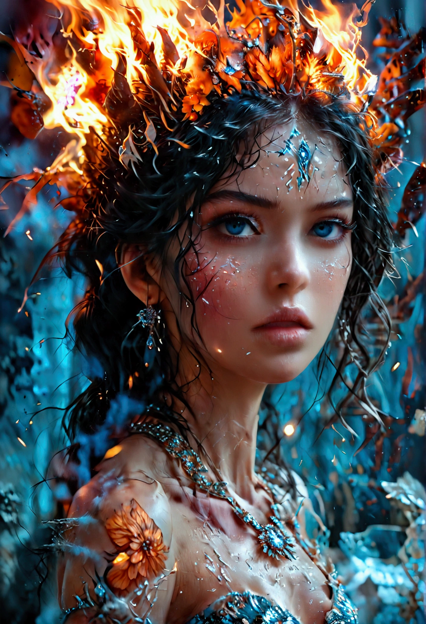 a glamour picture shot, of an elite model covered in fire walking on a icy catwalk, an extraordinary glamourous elite female model, ((full body: 1.5)),  ((anatomically correct: 1.5), (ultra detailed face: 1.2), best detailed face, black hair, long hair, lush hair, glam hair cut, blue eyes, delicate face, light make up, wearing intricate detailed dress, glamour dress, haute couture dress, elite fashion dress, dynamic color dress,  FireMagicAI,  small cleavage, busty wearing high heels, elegant high heels, she wears diamond necklace, she is covered in fire, she walks on an icy catwalk, image reflecting in the ice IceMagicAI, elite fashion show background, vibrant, Hyperrealism style, vibrant, Ultra-high resolution, High Contrast, (masterpiece:1.5), highest quality, Best aesthetics), best details, best quality, highres, ultra wide angle, 16k, [ultra detailed], masterpiece, best quality, (extremely detailed) RAW, FireMagicAI, IceMagicAI, Dark Art Painting Style