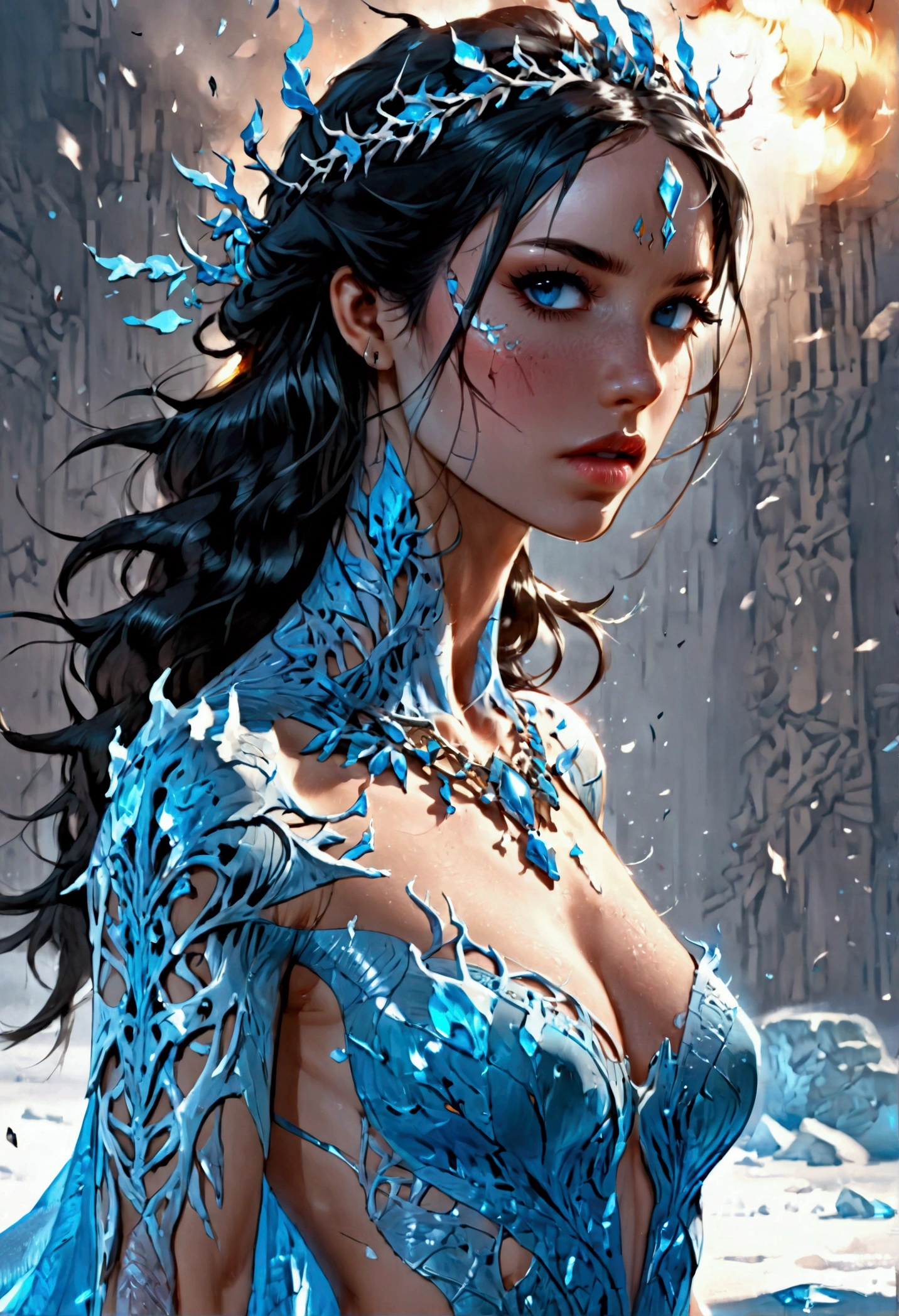 a glamour picture shot, of an elite model covered in fire walking on a icy catwalk, an extraordinary glamourous elite female model, ((full body: 1.5)),  ((anatomically correct: 1.5), (ultra detailed face: 1.2), best detailed face, black hair, long hair, lush hair, glam hair cut, blue eyes, delicate face, light make up, wearing intricate detailed dress, glamour dress, haute couture dress, elite fashion dress, dynamic color dress,  FireMagicAI,  small cleavage, busty wearing high heels, elegant high heels, she wears diamond necklace, she is covered in fire, she walks on an icy catwalk, image reflecting in the ice IceMagicAI, elite fashion show background, vibrant, Hyperrealism style, vibrant, Ultra-high resolution, High Contrast, (masterpiece:1.5), highest quality, Best aesthetics), best details, best quality, highres, ultra wide angle, 16k, [ultra detailed], masterpiece, best quality, (extremely detailed) RAW, FireMagicAI, IceMagicAI, manga style