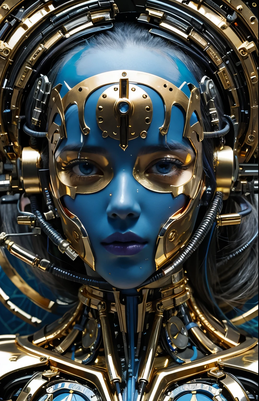 Close-up of beautiful girl with gold and blue mask, Portrait of the Cyborg Queen, Sci-Fi Face Interesting, Woman's face, cybernetic machine, Beautiful cyberpunk girl face, Portrait of a female man, (Realistic face details), intricate detailed, very high details, photo-hyper-realistic, 8k, UHD, hyperdetailed, (Dynamic Poses:1.4),