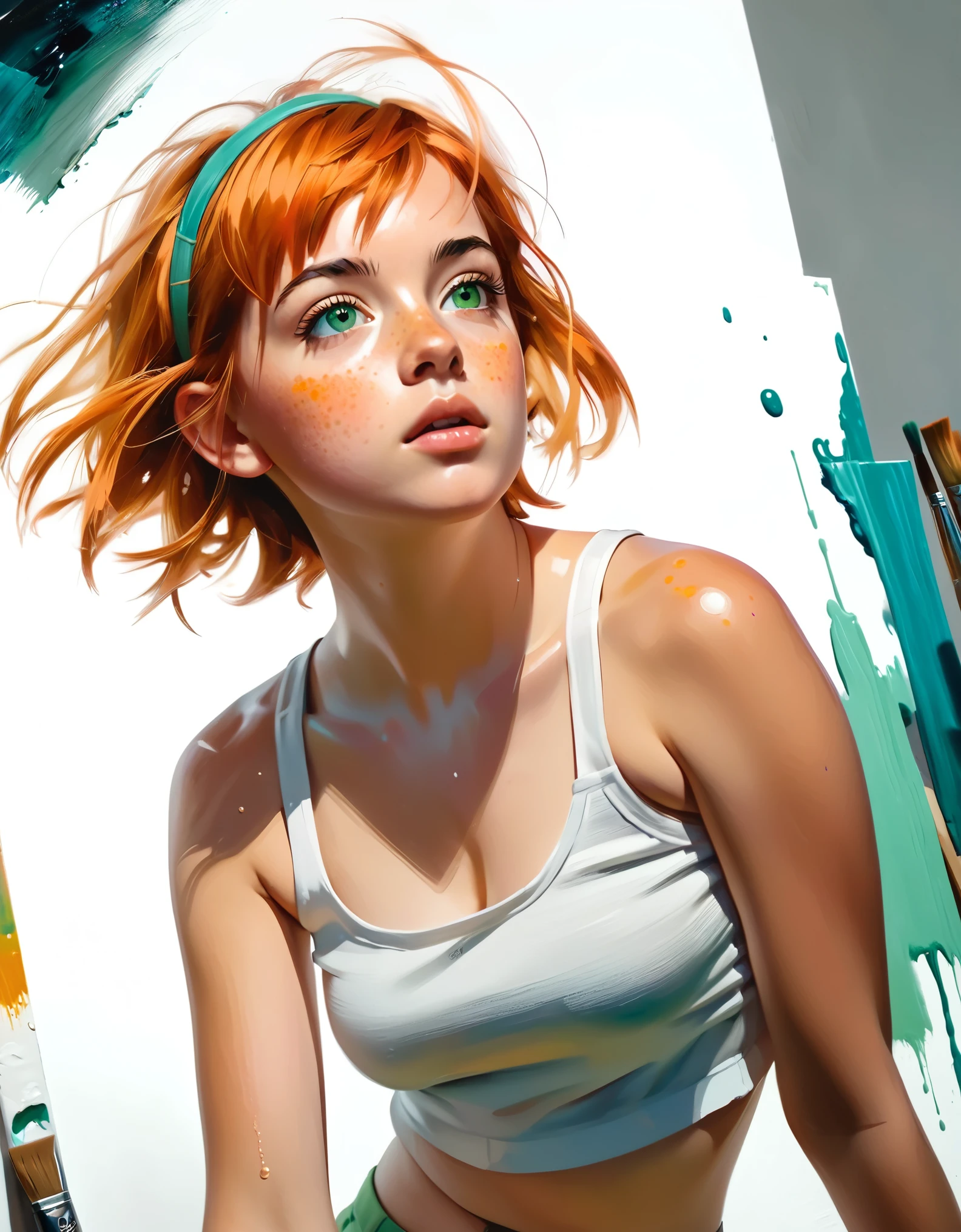 (Low angle shot)young girl Isabelmoner-smf Dora), (((down view))) (a glance at the low camera). (Hyperrealistic), Very short orange hair, green eyes, Freckles, Cute white Tank top, Mini Shorts, Sports, Sweaty, Medium Breasts, Aesthetics, ((oil painting)), (headband:0.75),(turquoise:0.2),(orange:0.2), (Jeremy Mann:0.5), (John Constable:0.1),(El Greco:0.5),(rough strokes of acrylic paint:0.75), 8K