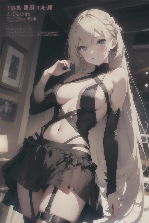 (small breasts:1.2), (perky chest:1.2), (pointed chest:1.2), (Pudding cake magazine cover:1.3),(from below:1.0),(shoot from the side:1.1),masterpiece, 1girl, Amazing Cleavage:1.1, thin waist, optimum,tmasterpiece,hight resolution,best qualtiy,hyper HD,super detailing,awardwinning,a 18yo cute girl,(The upper part of the body),anatomy correct,Beautiful Black miniskirt,garters,Gaze,Small face,bangss,holster,Beautuful Women,hands up,leg holster,Gaze,black boots,Cowboy Shot,cute face,a blond,Longhaire,Twin-tailed,Braids, Hairline,(scarlet eyes),long eyelasher,Hanging eye corners,White skin of the, ((see through camisole:1.1)), ((Sheer nipples:1.0)),Rocket Tits,(Slim body),smile,seductive weak smiling,(with sparkling eyes and a contagious smile),little open mouth, Looking at Viewer,