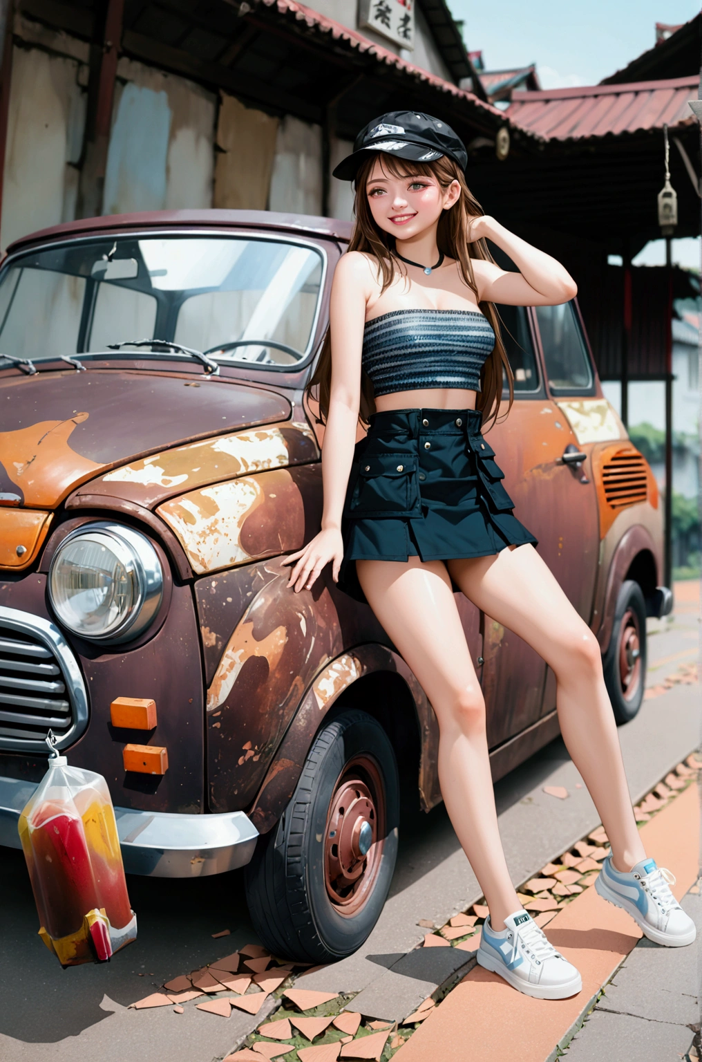 realistic anime illustration of beauty young long hair woman is standing and leaning back against old rusty car at chinese community, she wearing black cap, gray strapless, black mini skirt, and  white sneakers, (1girl, solo, full body), (masterpiece, best quality, Japanese anime style)
