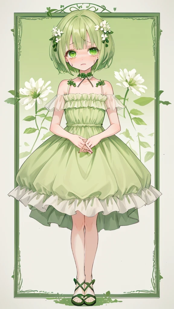 Green short hair girl full body picture, Green eyes, Small white flower hair accessories , Green dress , Short stature , crying