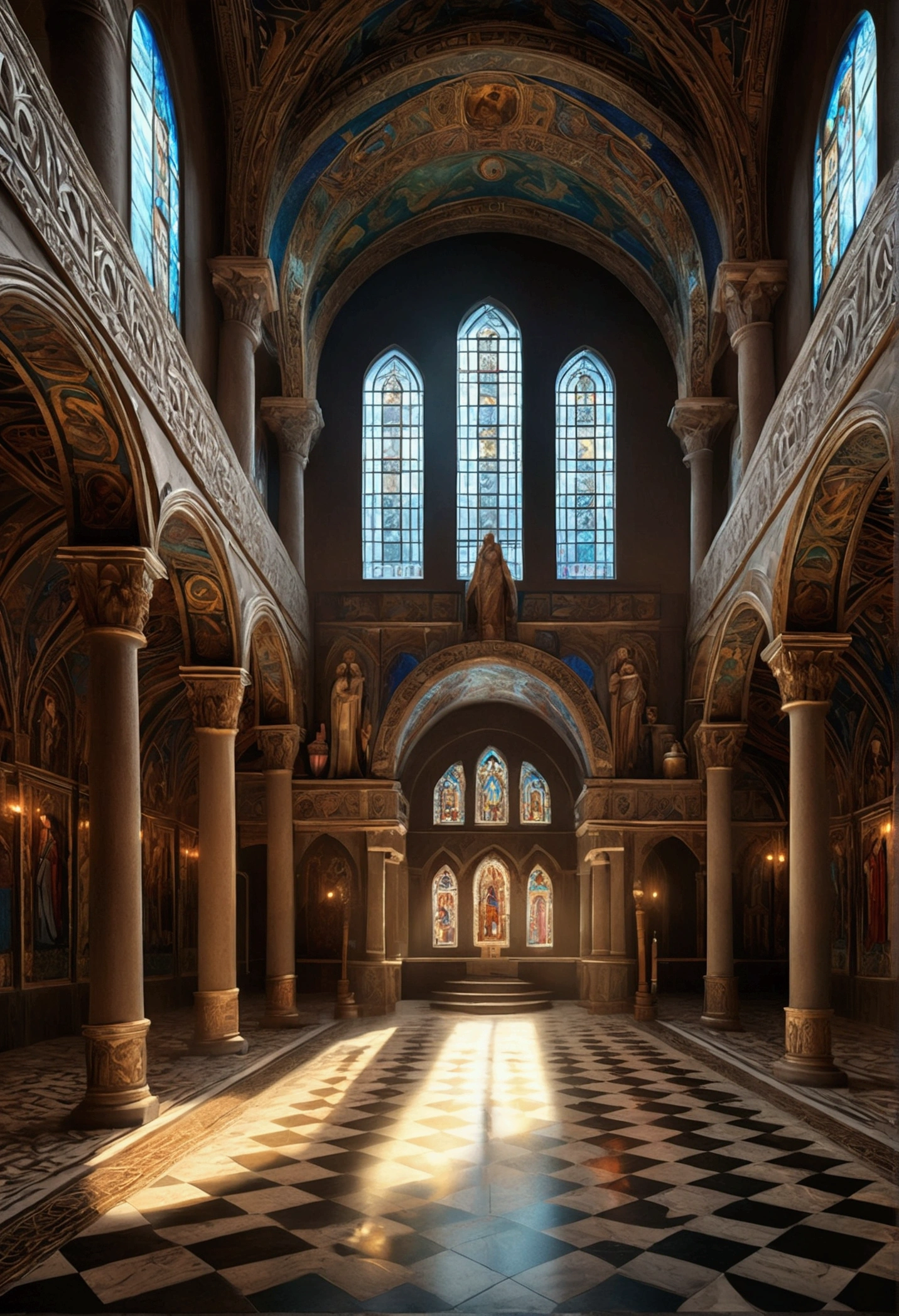 a greek-roman style monastery, ornate architecture, detailed columns, intricate carvings, dramatic lighting, glowing stained glass windows, flowing robed figures, serene religious atmosphere, fantasy slavic mythology, ethereal and mystical ambiance, (best quality,8k,highres,masterpiece:1.2),ultra-detailed,(realistic,photorealistic,photo-realistic:1.37),dramatic chiaroscuro lighting,volumetric light rays,ornate gothic architecture,fantastical religious imagery,deep rich colors,cinematic composition