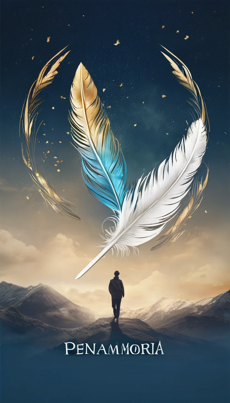 Create a professional, fantastic, cinematic dream-like logo design for a brand about music, stories, fantasy, memories and dreams called " Penamemoria". Masterpiece, 4k, sharp focus, highest quality,wide shot. The title is " Penamemoria". Is a brand about the creative, unique creative journey of a boy and a feather of memories. Minimalistic, simple, poetic, dreamy logo design at the center of the image. The Background image is a world full of feathers, unique birds, light blue sky, soft white and golden. Logo design of a unique, creative, masterpiece feather of memories