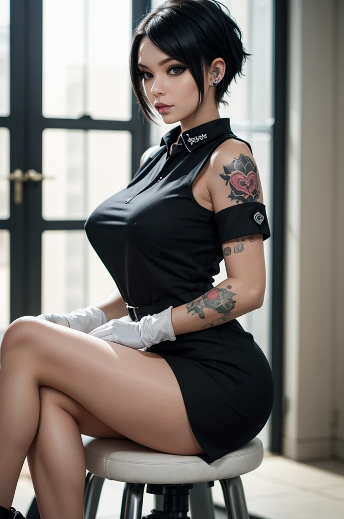 Quality, 8K, 32K, Masterpiece: 1.3, Ultra-detailed, Photorealistic: 1.4, Caucasian, Albino, Punk girl, Detailed eyes, Upper body, Asymmetrical black hair, Gorgeous punk hair,nurse, breast pocket, collared dress, short dress, short sleeves, thighs, tight white with deep decolette, dress, 4 size breast, white gloves, , Edgy punk fashion, Avant-garde makeup, Multiple piercings, Tattoos, hospital background, Backlight effect, Shallow depth of field, Blurred background, Beautiful legs, black pixie hair, open shoulders, sitting sexy pose, nurse costume,