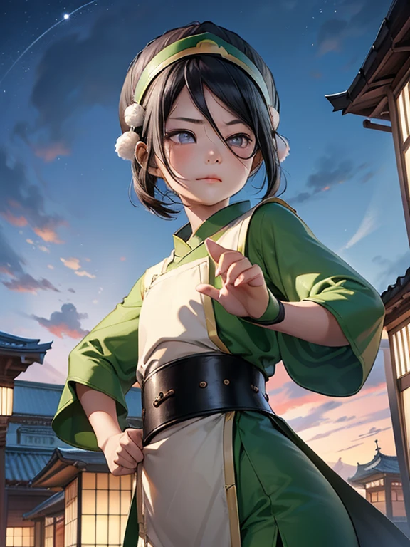 Ultra detailed ,beautiful , delicada ,Toph beifong , 10 year old girl ,japonese girl ,1girl , flat chest , green clothes , Black hair, blind ,night , japonese temple background ,Beautiful face. , standing , Wallpaper. Kung-fu pose
