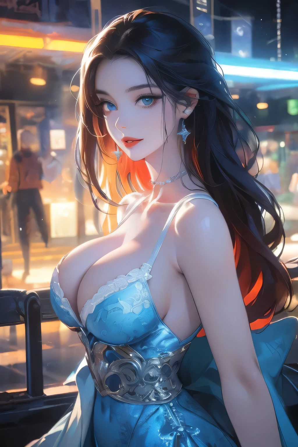 (very detailed wallpaper), (best quality), (masterpiece), photographic reality, realistic, very detailed illustrations, beautiful eyes, (delicate face), perfect detail, (best lighting), (super complex details), ultra-detailed, 4K unified, (super detailed CG: 1.2), (8K: 1.2), realistic, asian woman, black long hair, blue eyes, pale skin, red lips, , smiling, blue cyperpunk dress, neon blue light, at night, (coverlooking large city:1.2), 1970s sci-fi art cover