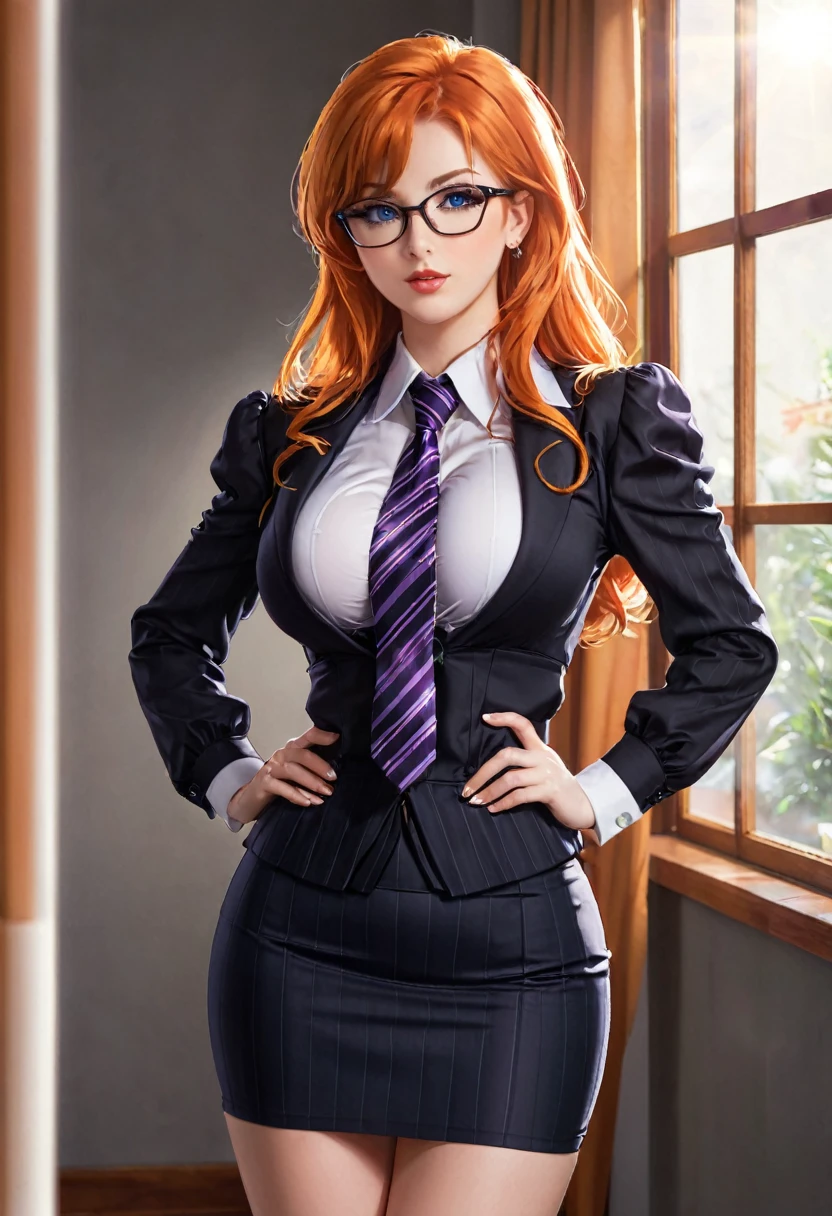 1girl, breasts, necktie, solo, skirt, blue_eyes, glasses, orange_hair, long_hair, hand_on_hip, long_sleeves, between_breasts, pinstripe_pattern, indoors, large_breasts, looking_at_viewer, parted_lips, purple_necktie, striped, suit, formal, puffy_sleeves, necktie_between_breasts, lips, pencil_skirt, shirt, window, juliet_sleeves, collared_shirt, cleavage, cowboy_shot, black_skirt, jacket, miniskirt, black_jacket, kawaii style, sunlight,--style scenic,