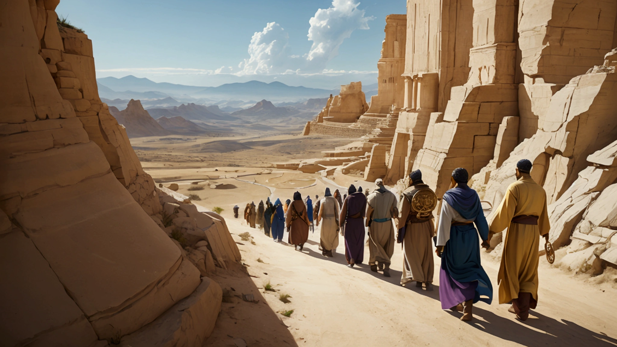 "Description: Illustrate a scene that represents the journey through the intricate and often daunting landscape of biblical prophecy. Show a diverse group of people, including believers, skeptics, and seekers, walking through a visually rich and symbolic landscape that represents biblical prophecy.

Details: Use a mix of mystical and serene colors, such as deep purples, blues, and golds, to create an atmosphere of discovery and contemplation. Include elements such as ancient scrolls, glowing scriptures, symbolic representations of prophetic visions (e.g., beasts, angels, celestial events), and pathways winding through a symbolic landscape. Show expressions of curiosity, wonder, and reflection on the faces of the participants, symbolizing their engagement with the profound and complex nature of biblical prophecies."