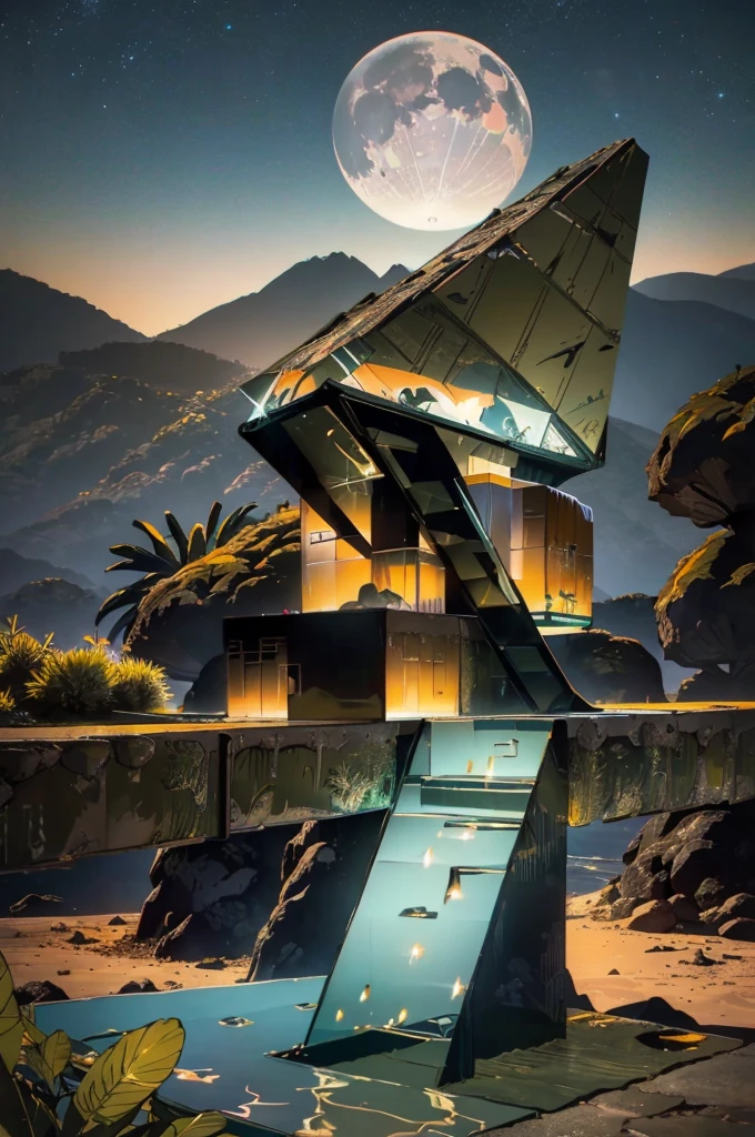 An illustration in collage style, with giant boulders, brutalist building sections, terraces, stairs, cacti, agave, concrete texture, multiple geometric shapes, hatch and cross hatching, planet saturn, volcano, moon, Luis Barragán's architectural style build, milky way galaxy, violet, one motorcycle, An illustration in collage style, with giant boulders, brutalist building sections, stairs, cacti, agave, concrete texture, multiple geometric shapes, hatch and cross hatching, planet saturn, volcano, moon, Luis Barragán's architectural style build, reflective pool, terraces. An elegant and modern build, in top of big boulders, with terraces, materials concrete, wood, steel and crystal, various gardens with tropical vegetation, cacti and rocks, stairs, a pool. In middle of sea, a big wave near, sunset, mountains and a volcano in the horizont, cute islands around, illustration format, cute color palette, detailed, masterpiece, award-winning work, clouds, Illustration, a garden with abundant cacti, ((various organic sculptures)), ((big rocks)), (((multiple sections))), collage style, detailed, (((color palette (olive green), (Mustard orange), cool grey, ((blue)), black and white))), (((a lot Luis barragán's architecture style builds))) big clouds, volcano in horizon, stairs, in the desert. ((masterpiece, best quality)),illustration,ultra detailed 8k, ((Ori Toor visual style)),soviet, megabuildings, megastructures, buildings, organic steel sculpture
