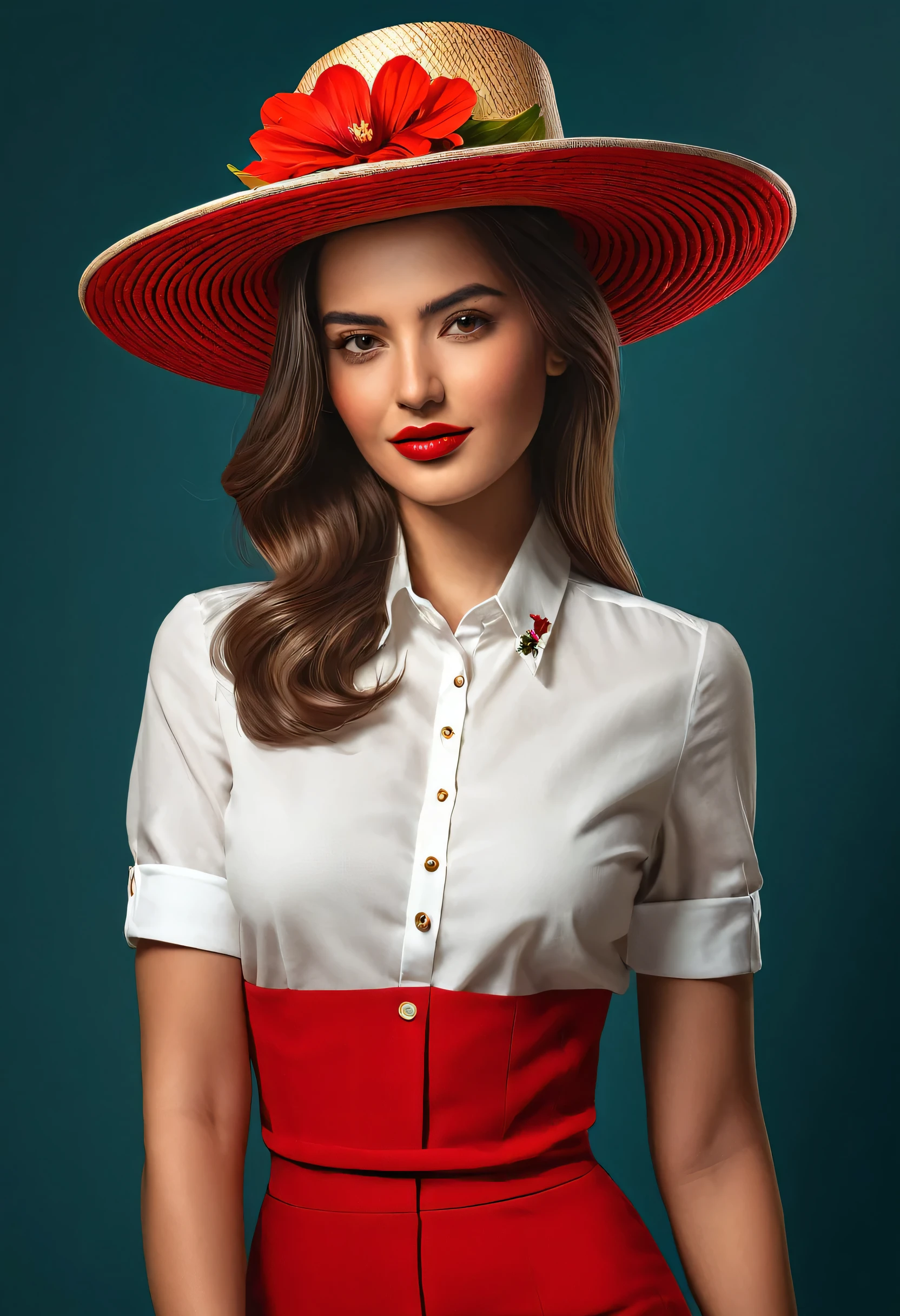 create a woman with elegant red hat ,with flower shirt, Masterpiece artwork, estilo illustration de Ali Erturk, high détail, hyper realist, naturallight,illustration , flashy colors