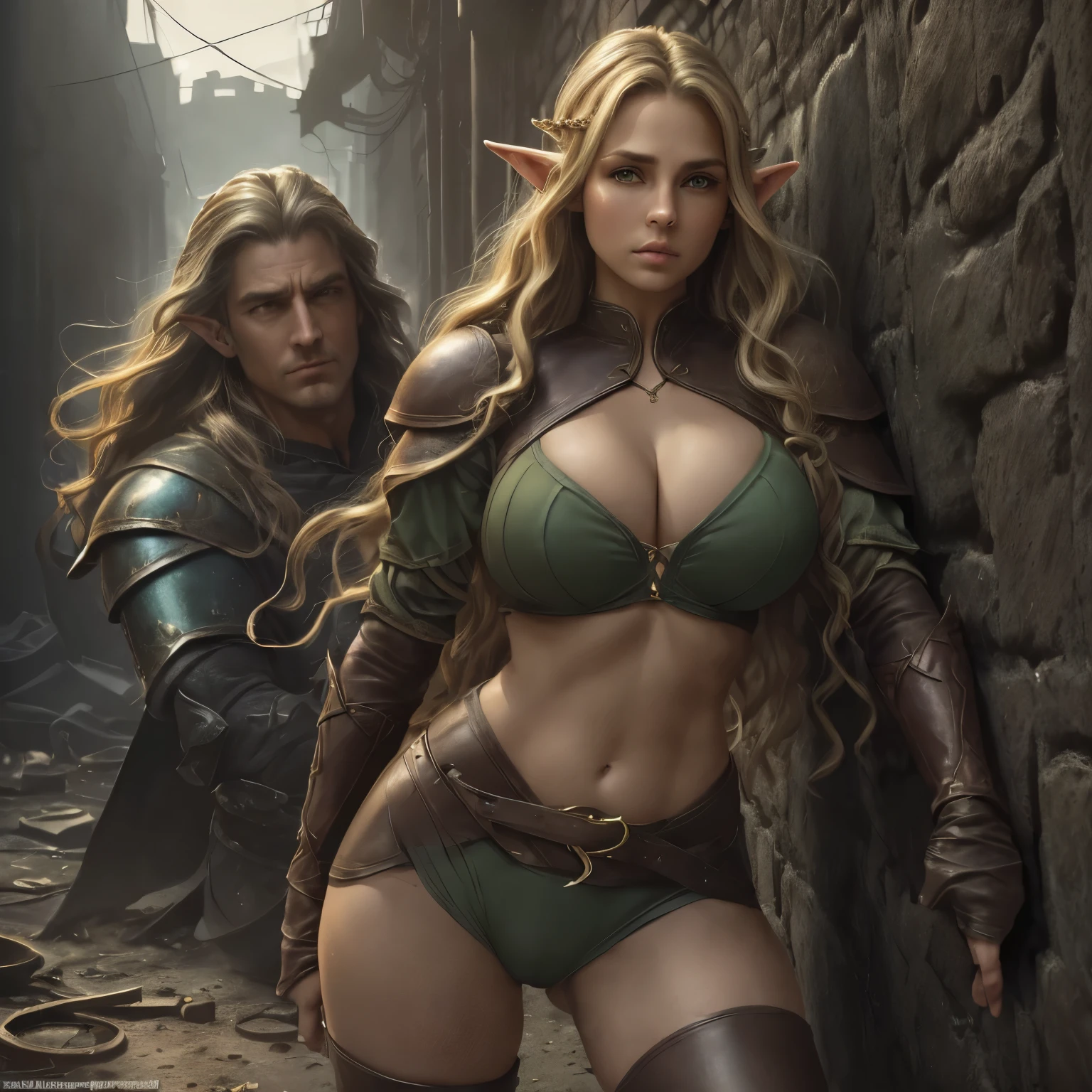 ((Medieval fantasy setting)). ((1girl and 1man)). (beautiful half-elf girl) and (man, a fat, ugly human, wearing grey, shabby clothes, dirty and worn out). (Background: Dark and dirty and deserted alley in city slums. Gray shabby walls.) (Echo is a 22-year-old half-elf. She has light brown skin. Thick light chestnut hair with caramel highlights and soft waves. Brown eyes with green hues. Her beautiful face is oval with soft features and pronounced cheekbones. She has full and attractive lips with. Her ears are small like a human's but pointed like an elf's. Her physique is athletic and slim, she toned and flexible. She has a round and elastic body shapes. Light leather armor emphasizing her figure. Tight-fitting leather shorts highlighting her buttocks and athletic thighs, and a light blue silk shirt buttoned only a few buttons, leaving the cleavage and lower abdomen exposed. Her hair is braided.) (Pose: Eho walks away from (the man who is curled up in pain against the wall). She is half-turned, tossing a coin in his direction. Her right leg is slightly ahead, her left hand tossing the coin, her face calm and slightly satisfied.) (Camera: From below at an angle, shooting from behind, emphasizing her sexual forms and dominance in the situation.) (Tags: pcoin in the air, half-turned, satisfied face, sexual forms, dominance, super detail, high details, high quality, best quality, highres, 4K, Cameltoe, Nipple Outline, Hard Nipples, covered nipples, covered pussy)