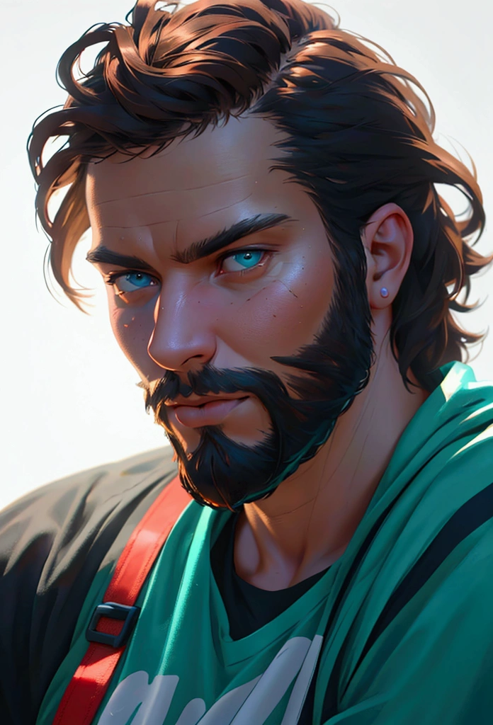 personagem with simple t-shirt (no symbols, cyan), human with brown beard(detailed), serious pose, basic brown social hairstyle, profile photo, white background, best quality,4k,8k,highres,masterpiece:1.2,ultra-detailed,(realistic,photorealistic,photo-realistic:1.37),HDR,UHD,studio lighting,ultra-fine painting,sharp focus,physically-based rendering,extreme detail description,professional,vivid colors,bokeh,portrait