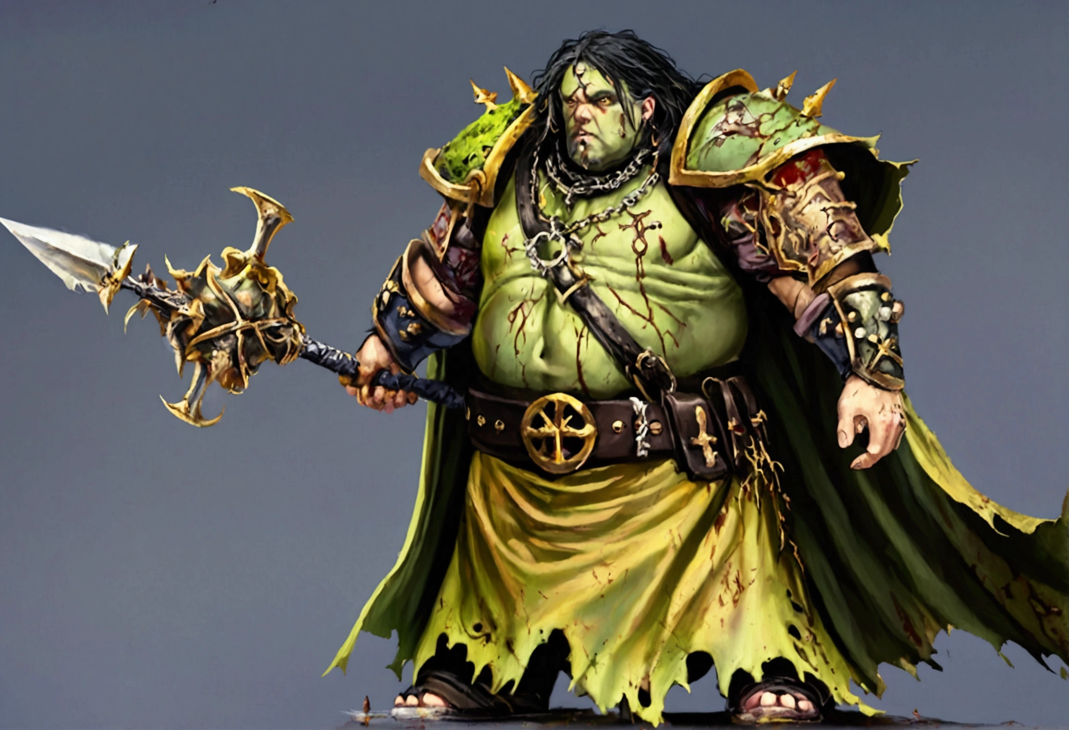 A 40ish man devotee of Warhammer chaos god Nurgle, (bedraggled, black hair, brown eyes, dirty and dingy, european features, dirty worn clothing, tabard with christian markings, obvious chaos tain assorted holy symbol necklaces dagger and mace on belt) walking a trail