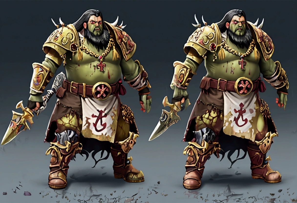 A 40ish man devotee of Warhammer chaos god Nurgle, (bedraggled, black hair, brown eyes, dirty and dingy, european features, dirty worn clothing, tabard with christian markings, obvious chaos tain assorted holy symbol necklaces dagger and mace on belt) walking a trail