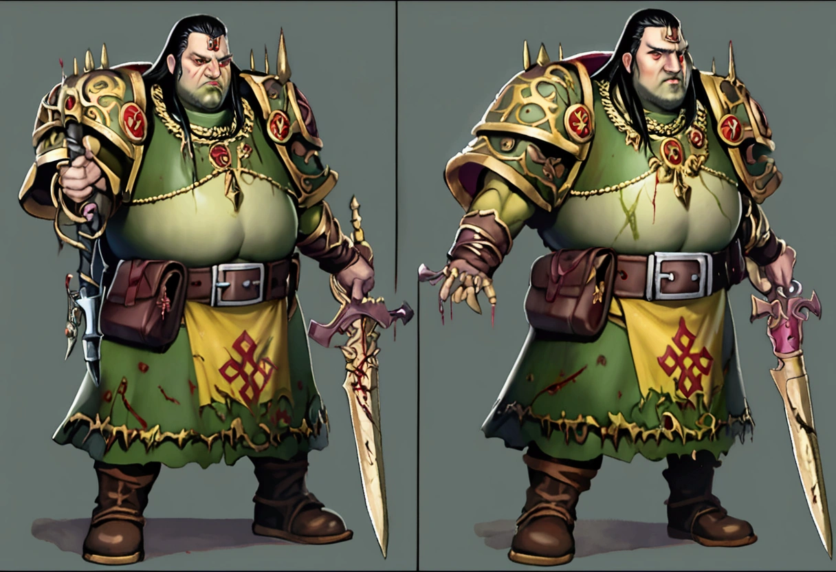 A 40ish man devotee of Warhammer chaos god Nurgle, (bedraggled, black hair, brown eyes, dirty and dingy, european features, dirty worn clothing, tabard with christian markings, obvious chaos tain assorted holy symbol necklaces dagger and mace on belt) walking a trail
