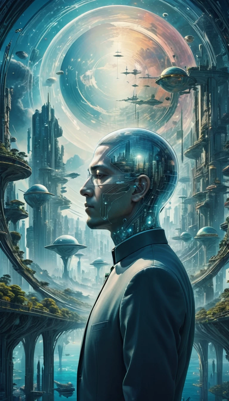 Dubrec style,Transparent person avatar,Future Utopian World Image Perspective,(Multiple exposure:1.8),Complex illustrations in surrealist art style,surreal dreams,Future utopian world dream
