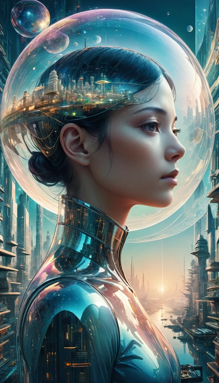 Dubrec style,Transparent person avatar,Future Utopian World Image Perspective,(Multiple exposure:1.8),Complex illustrations in surrealist art style,surreal dreams,Future utopian world dream