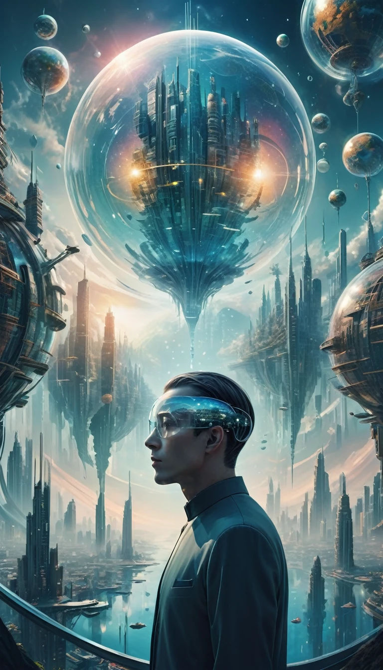 Dubrec style,Transparent person avatar,Future Utopian World Image Perspective,(Multiple exposure:1.8),Complex illustrations in surrealist art style,surreal dreams,Future utopian world dream