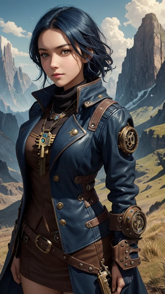 That has a background with a landscape behind , and in front there is a young and pretty girl with dark blue hair, Brown eyes carefree look that has a Steampunk style , and at the top say THE KEY OF DESTINY