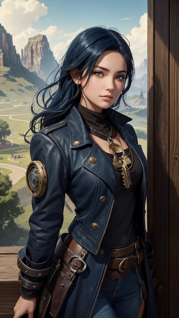 That has a background with a landscape behind , and in front there is a young and pretty girl with dark blue hair, Brown eyes carefree look that has a Steampunk style , and at the top say THE KEY OF DESTINY