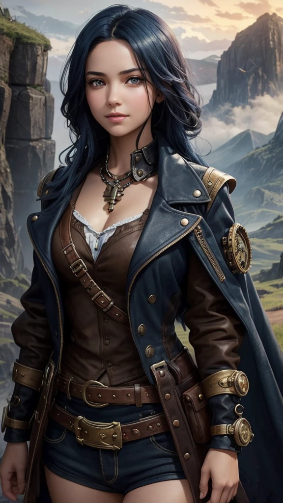 That has a background with a landscape behind , and in front there is a young and pretty girl with dark blue hair, Brown eyes carefree look that has a Steampunk style , and at the top say THE KEY OF DESTINY